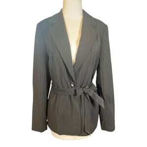 Caslon Vintage Pinstripe Belted Blazer 10 Black White Tailored Jacket Old Money